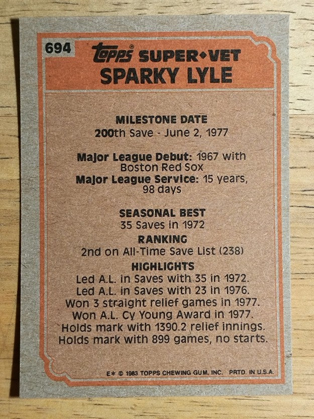 1983 Topps #694 Sparky Lyle SV