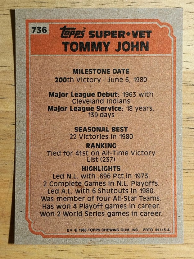 1983 Topps #736 Tommy John SV
