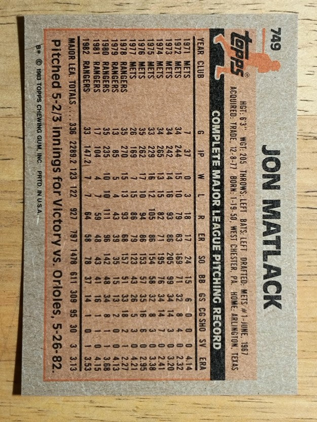 1983 Topps #749 Jon Matlack