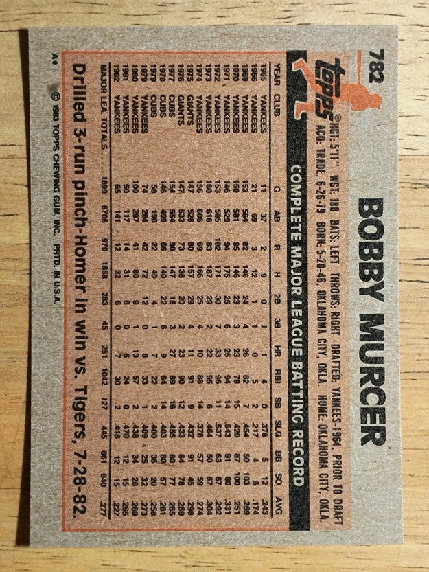 1983 Topps #782 Bobby Murcer