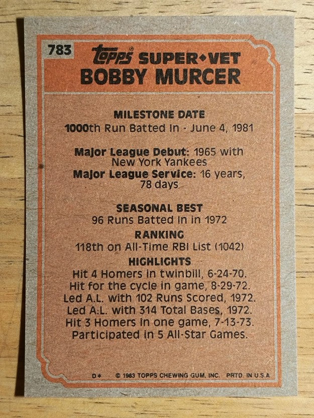 1983 Topps #783 Bobby Murcer SV