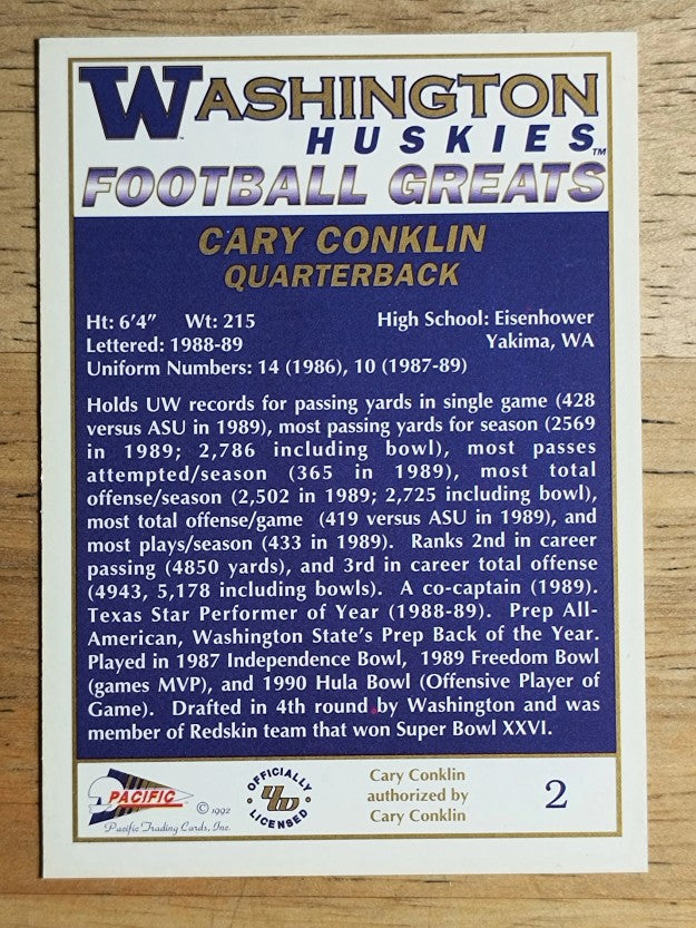 1992 Washington Greats Pacific #2 Cary Conklin