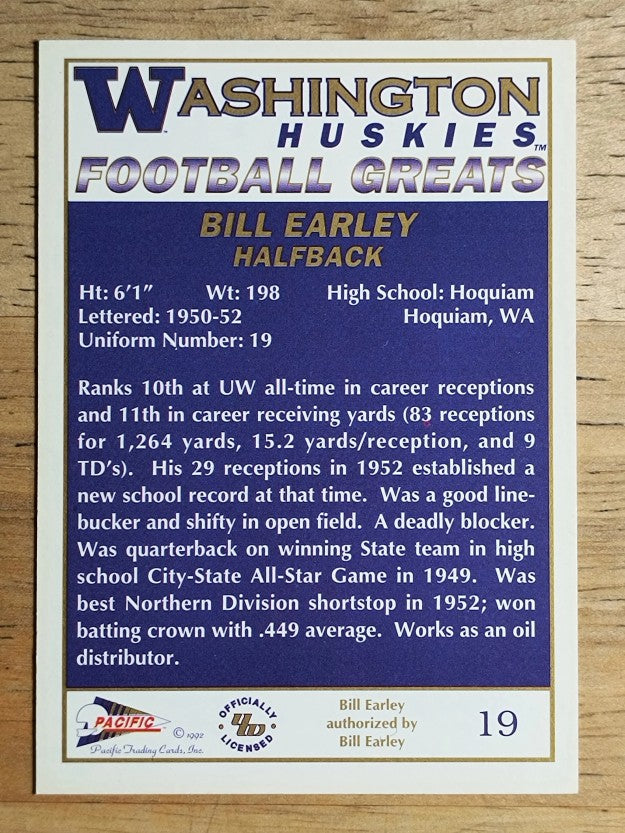 1992 Washington Greats Pacific #19 Bill Earley
