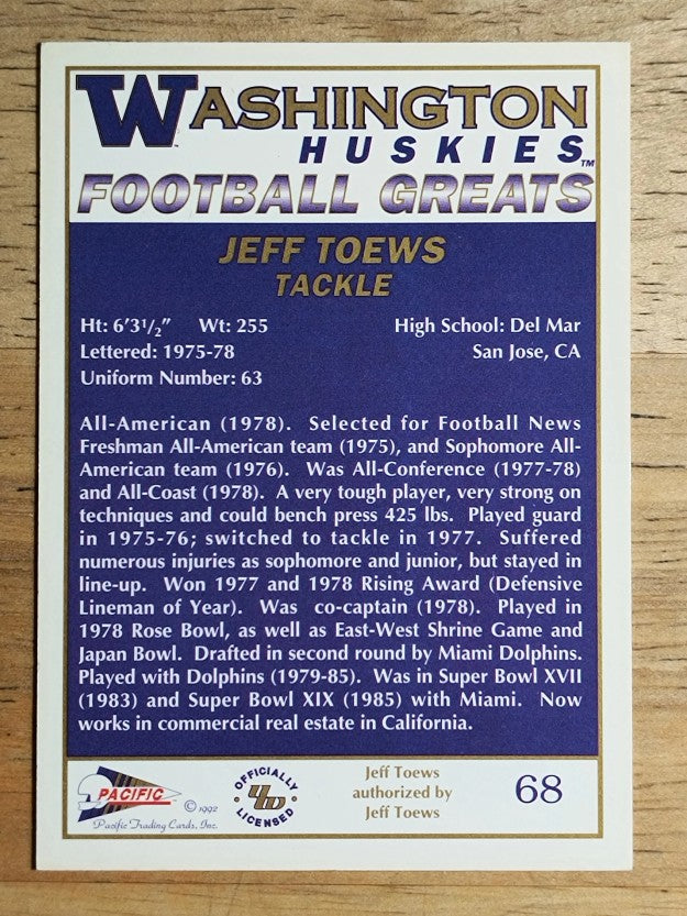 1992 Washington Greats Pacific #68 Jeff Toews