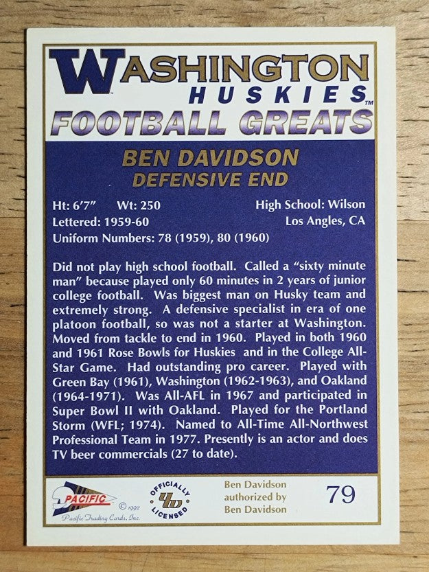 1992 Washington Greats Pacific #79 Ben Davidson