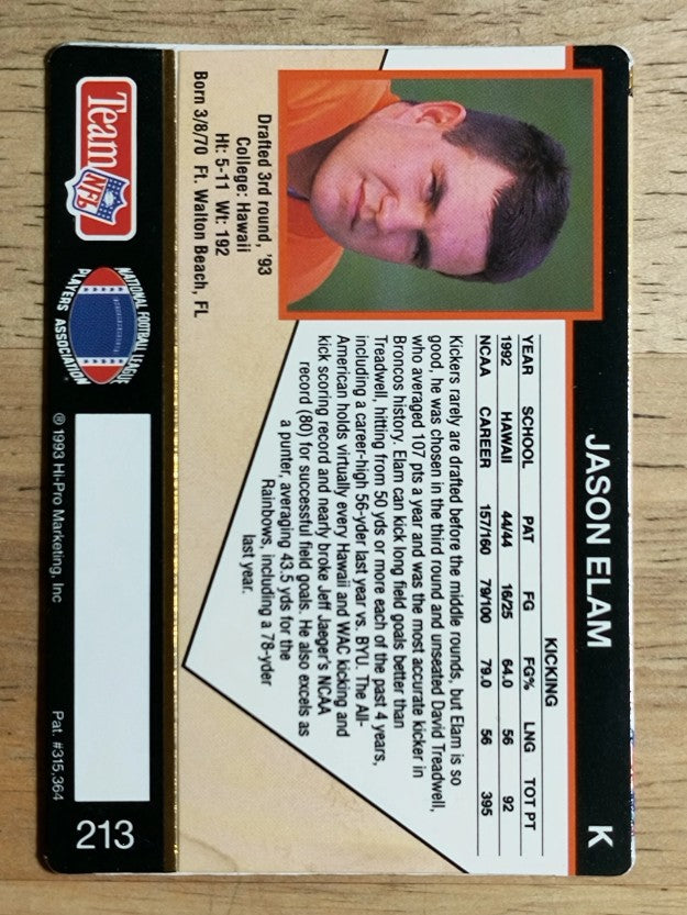 1993 Action Packed #213 Jason Elam RC