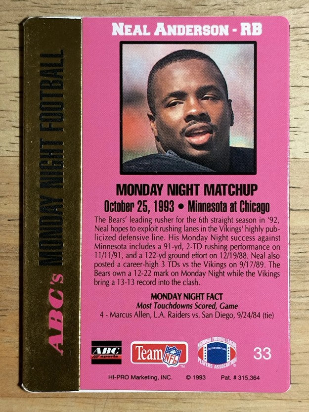 1993 Action Packed Monday Night Football #33 Neal Anderson
