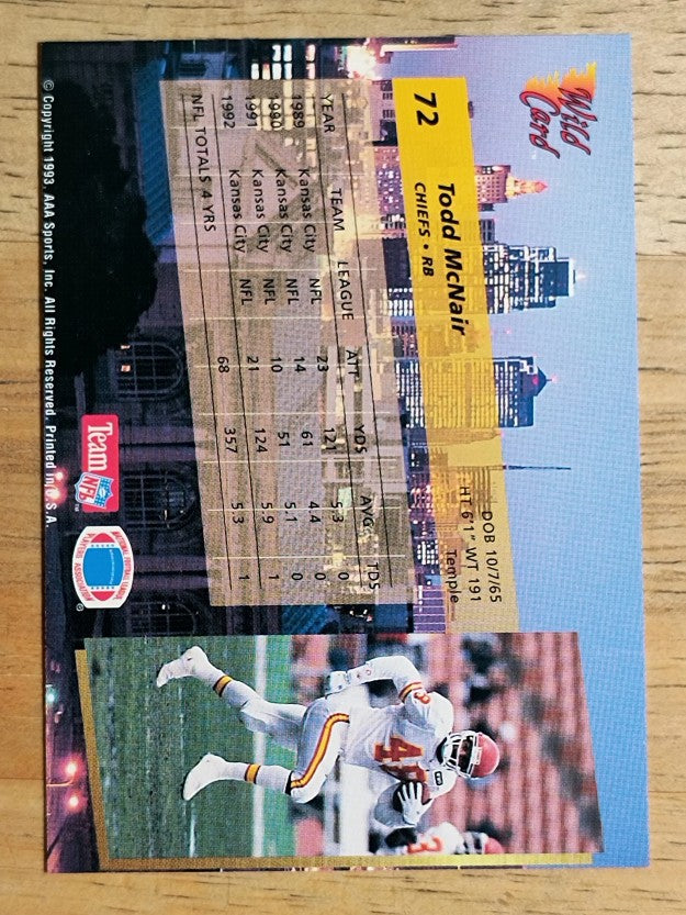 1993 Wild Card #72 Todd McNair