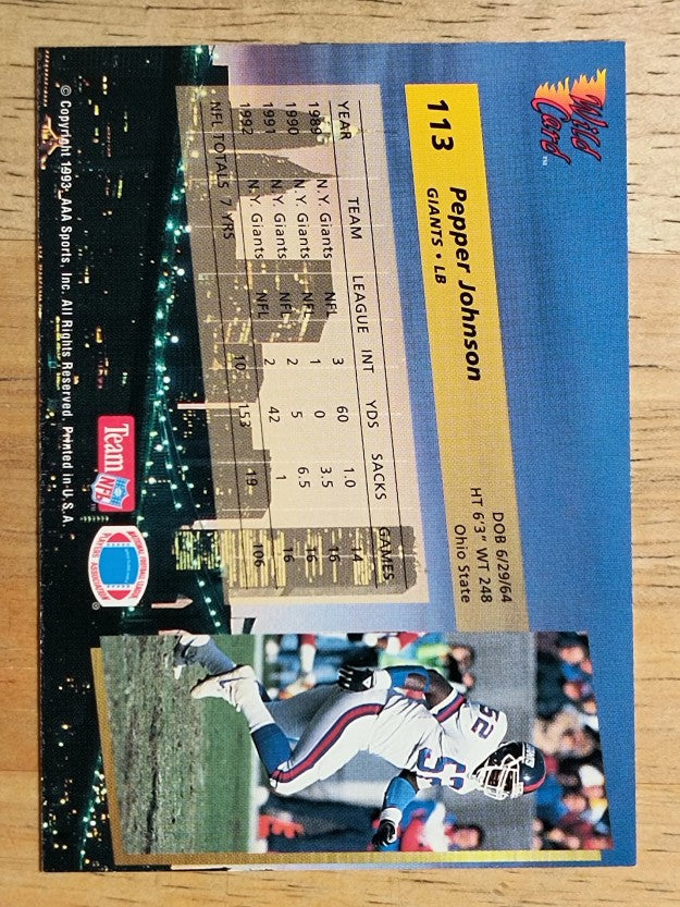 1993 Wild Card #113 Pepper Johnson