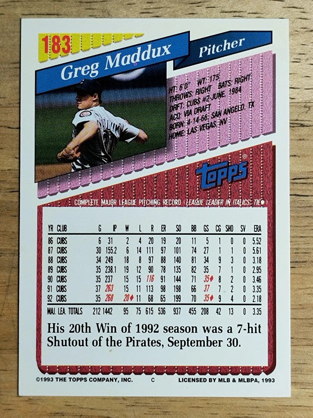 1993 Topps Gold #183 Greg Maddux