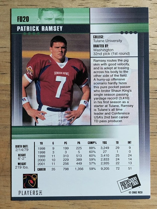 2002 Press Pass JE First Down #FD20 Patrick Ramsey (NM)