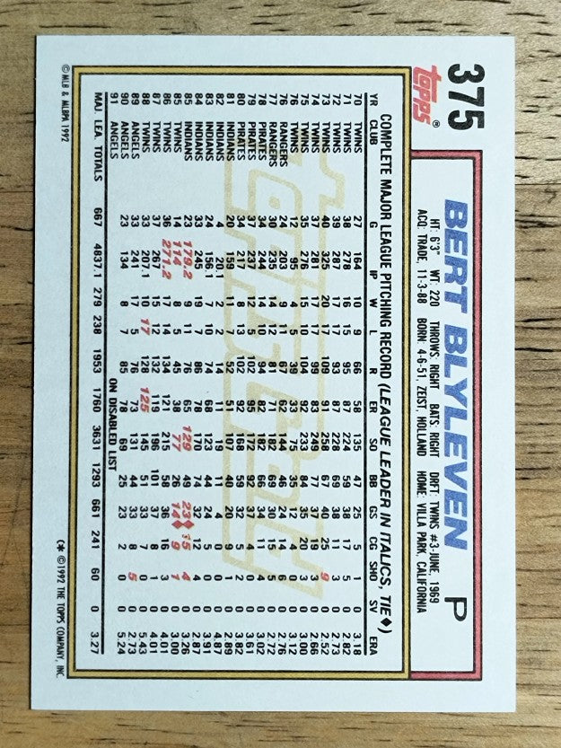 1992 Topps Gold #375 Bert Blyleven