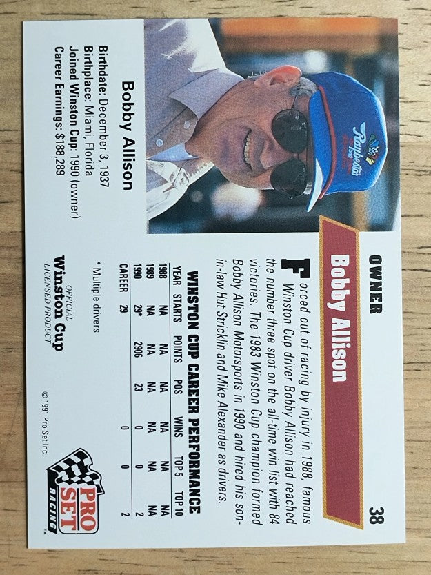 1991 Pro Set #38A Bobby Allison ERR/text mentions son-in-law