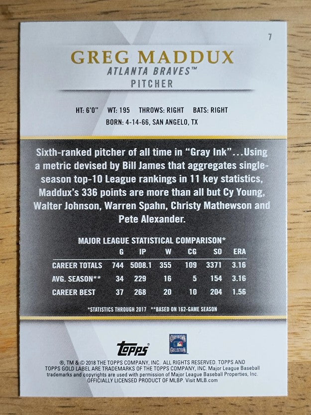 2018 Topps Gold Label Class 2 #7 Greg Maddux