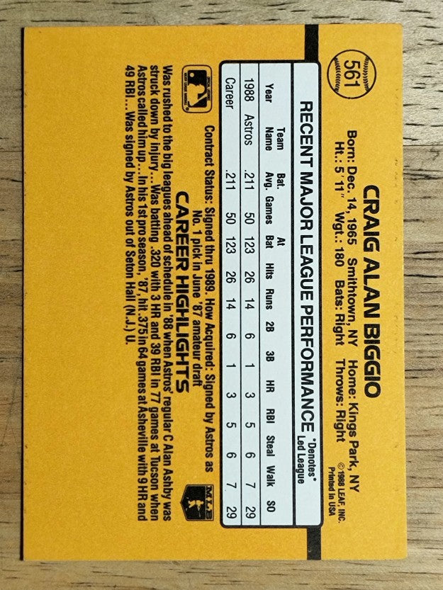 1989 Donruss #561 Craig Biggio DP RC (EXMT)
