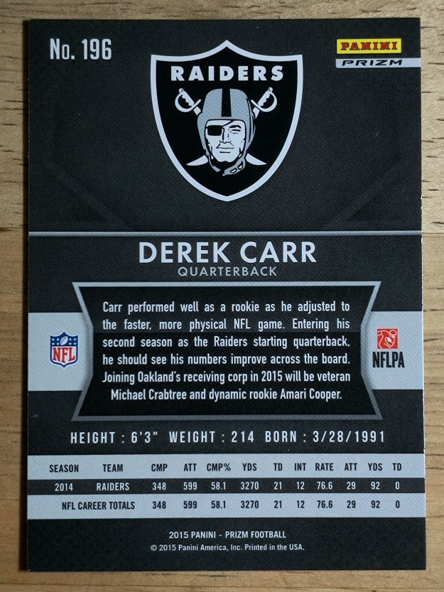 2015 Panini Prizm Prizms Red White and Blue #196 Derek Carr