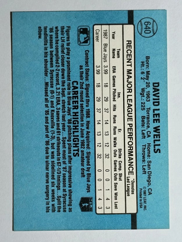 1988 Donruss #640 David Wells RC