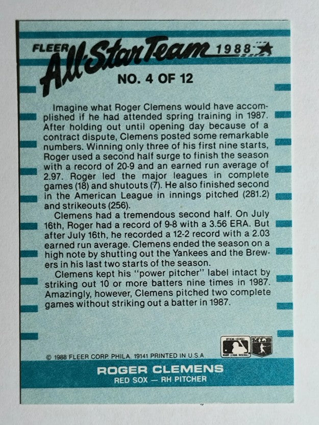 1988 Fleer All-Stars #4 Roger Clemens