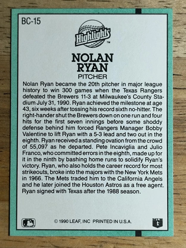 1991 Donruss Bonus Cards #BC15 Nolan Ryan 300W