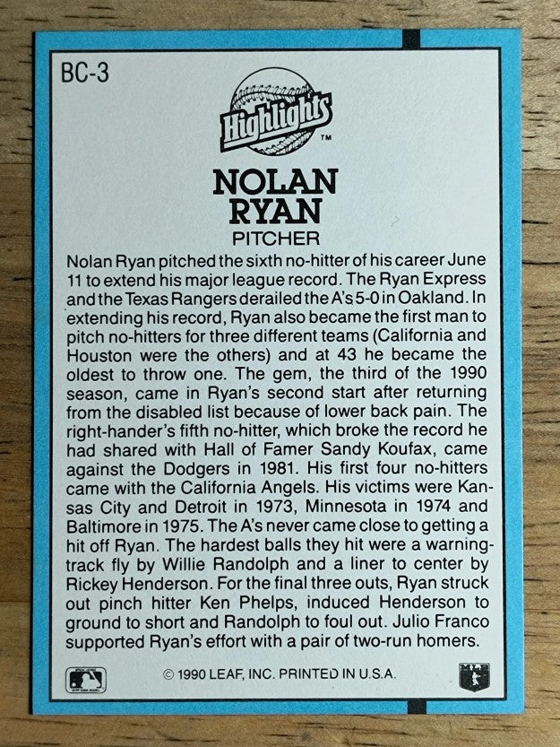 1991 Donruss Bonus Cards #BC3 Nolan Ryan NH