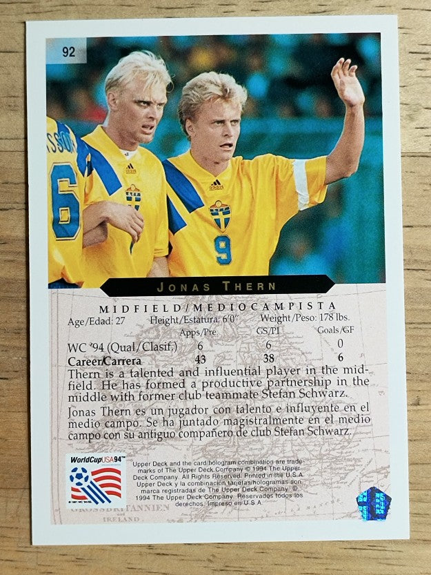 1994 Upper Deck World Cup Contenders English/Spanish #92 Jonas Thern