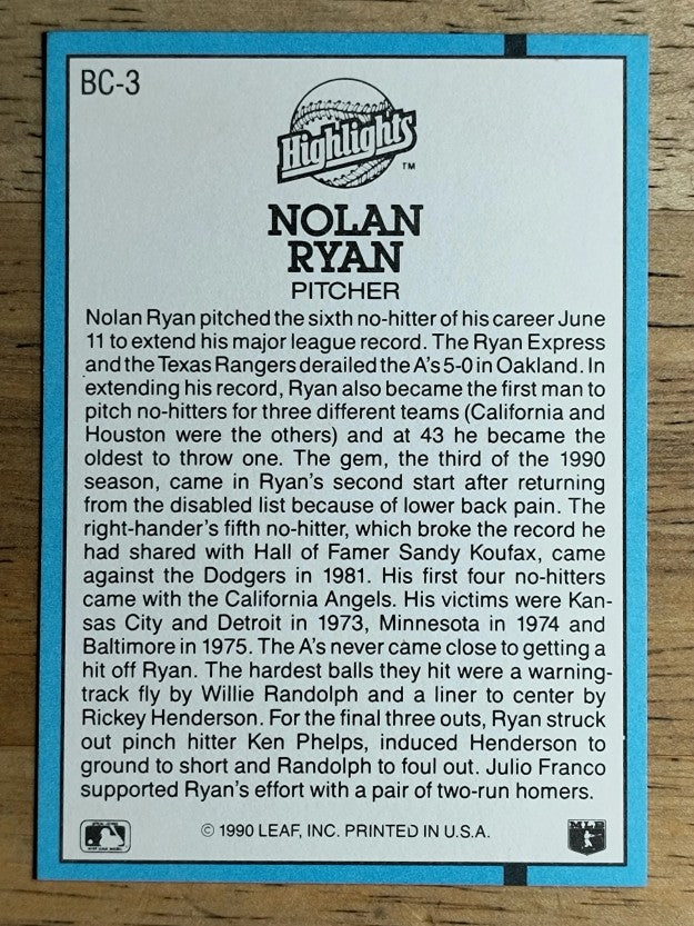1991 Donruss Bonus Cards #BC3 Nolan Ryan NH