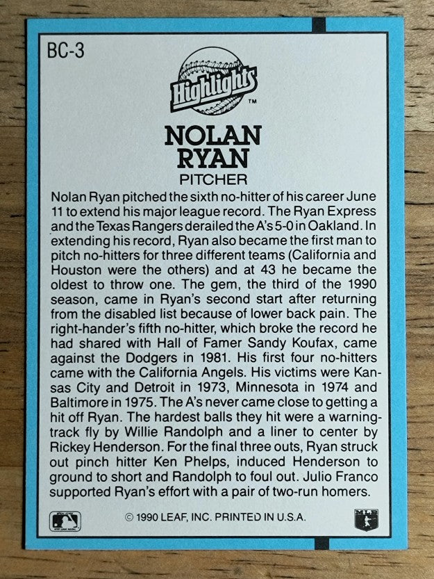 1991 Donruss Bonus Cards #BC3 Nolan Ryan NH
