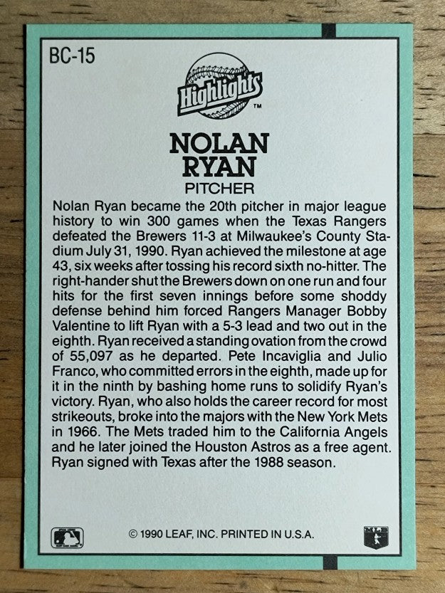 1991 Donruss Bonus Cards #BC15 Nolan Ryan 300W