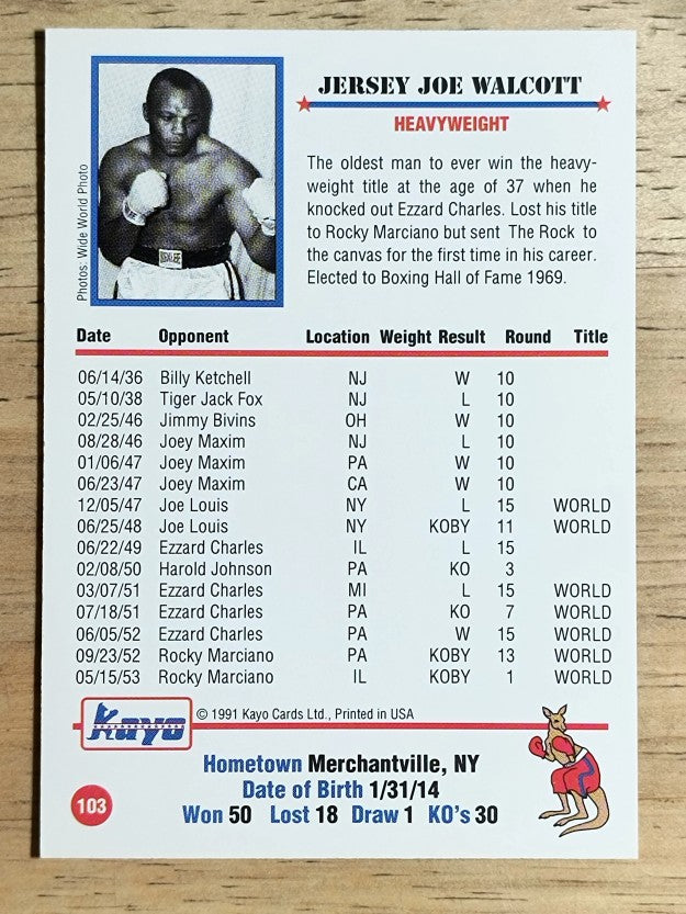 1991 Kayo #103 Jersey Joe Walcott