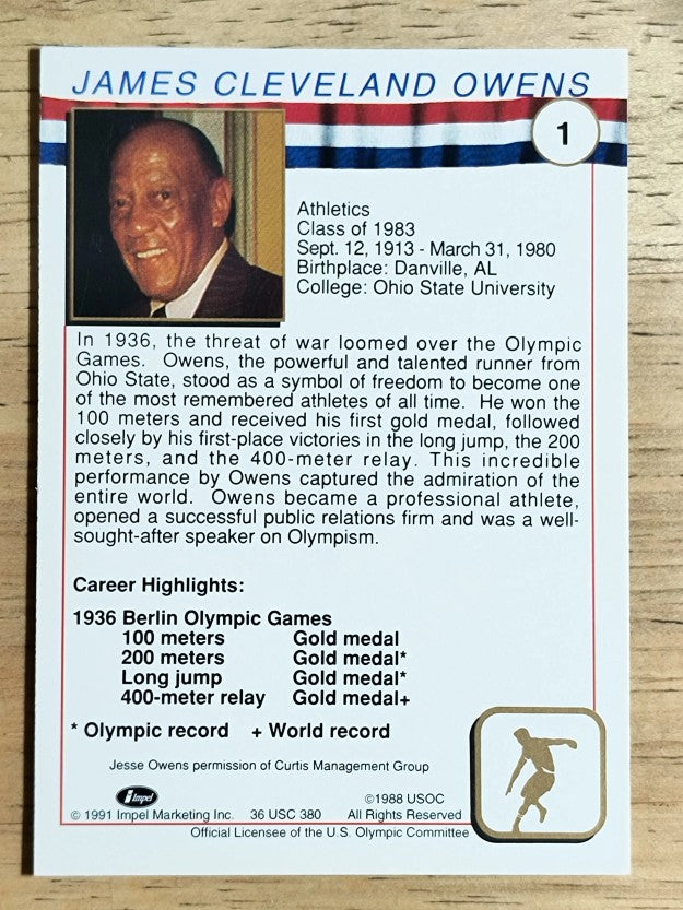 1991 Impel U.S. Olympic Hall of Fame #1 Jesse Owens