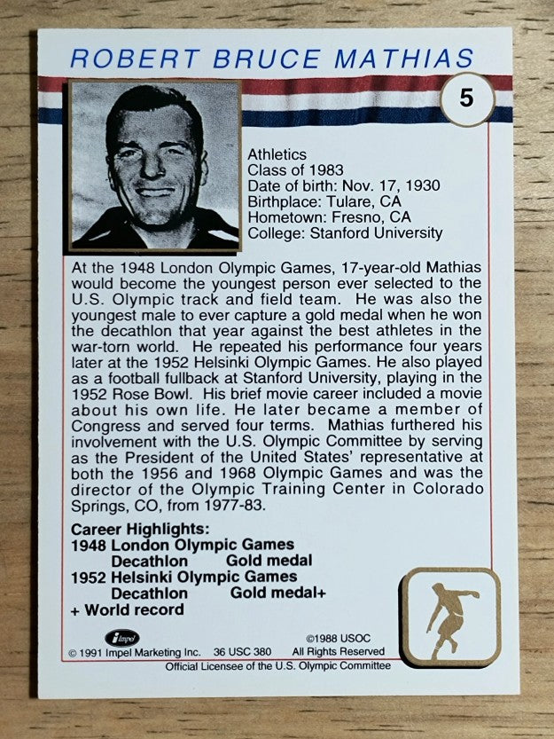 1991 Impel U.S. Olympic Hall of Fame #5 Bob Mathias