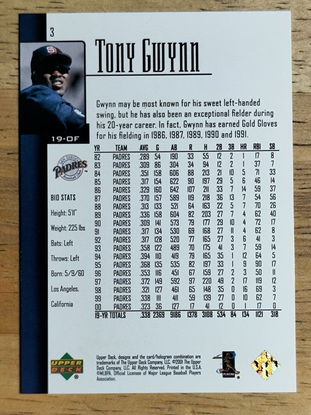 2001 Upper Deck Gwynn #3 Tony Gwynn/Defense earns him five Gold Gloves (EXMT)