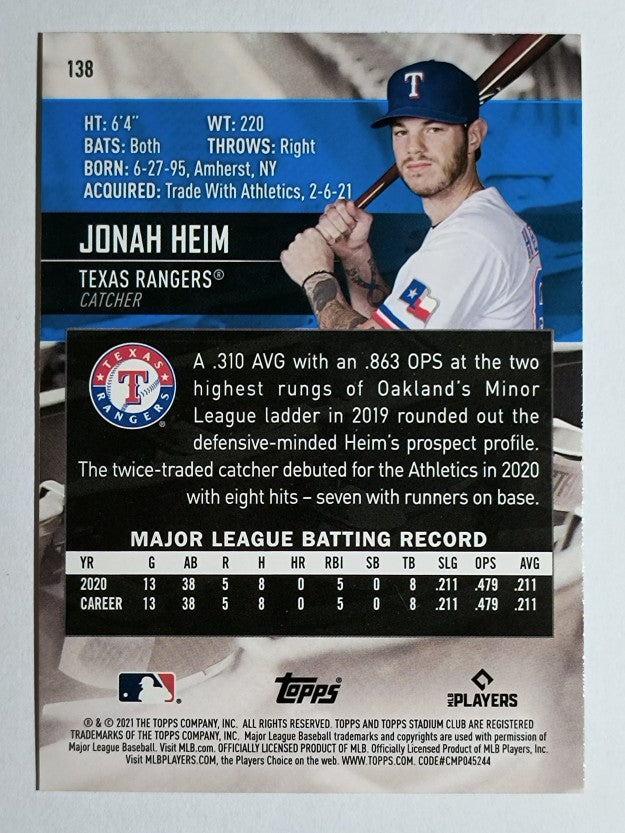 2021 Stadium Club #138 Jonah Heim RC
