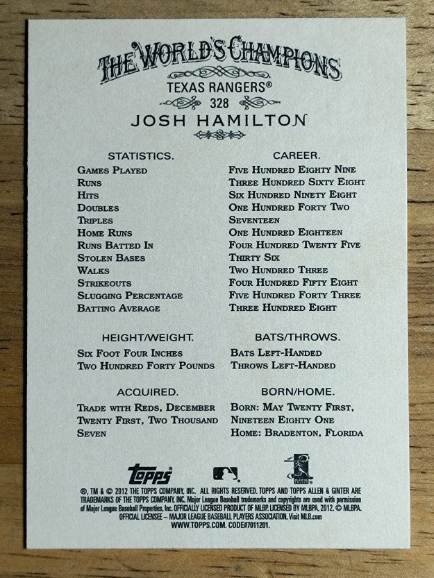 2012 Topps Allen and Ginter #328 Josh Hamilton SP