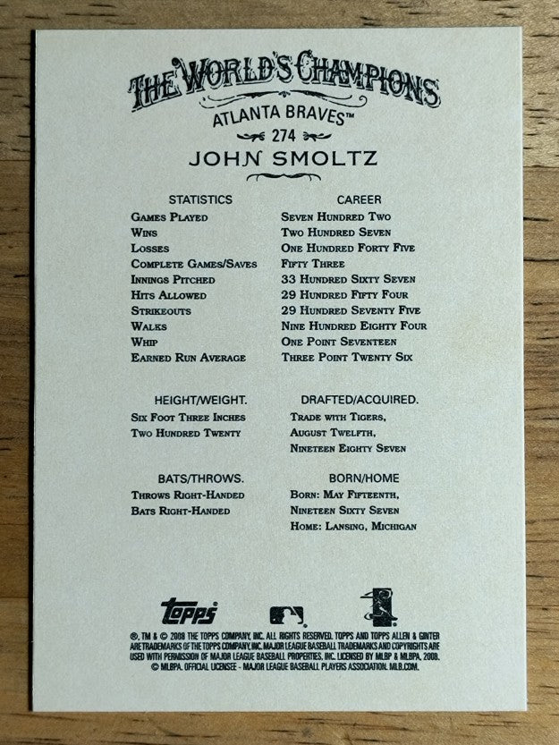 2008 Topps Allen and Ginter #274 John Smoltz