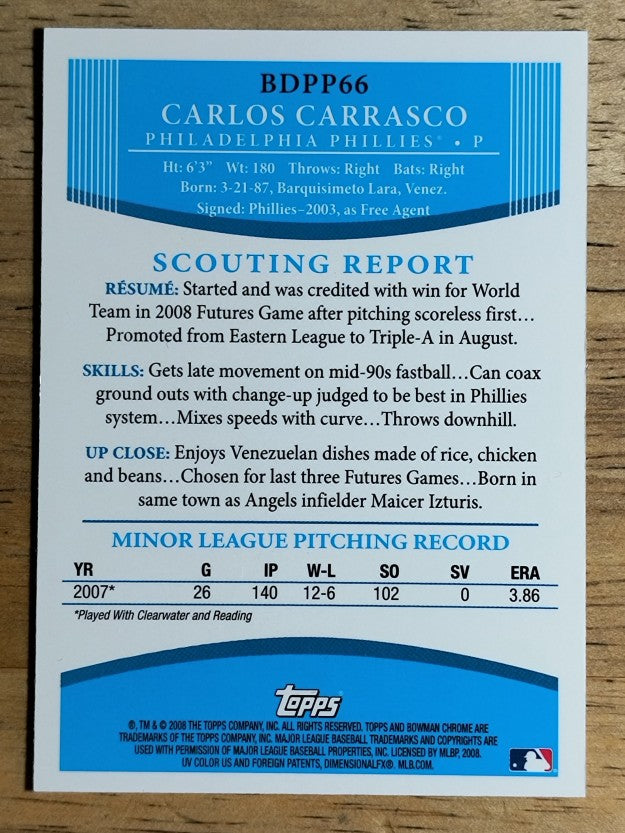 2008 Bowman Chrome Draft Prospects #BDPP66 Carlos Carrasco FG