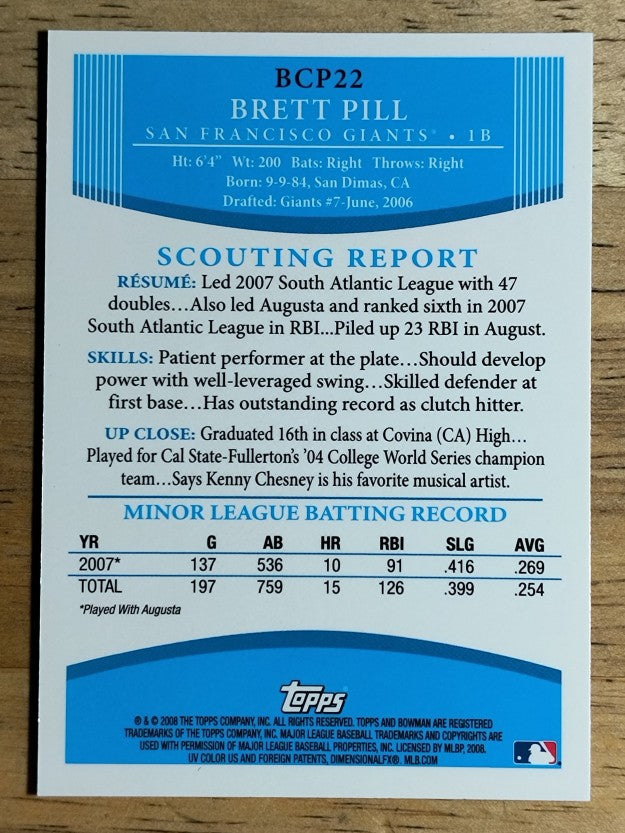 2008 Bowman Chrome Prospects #BCP22 Brett Pill