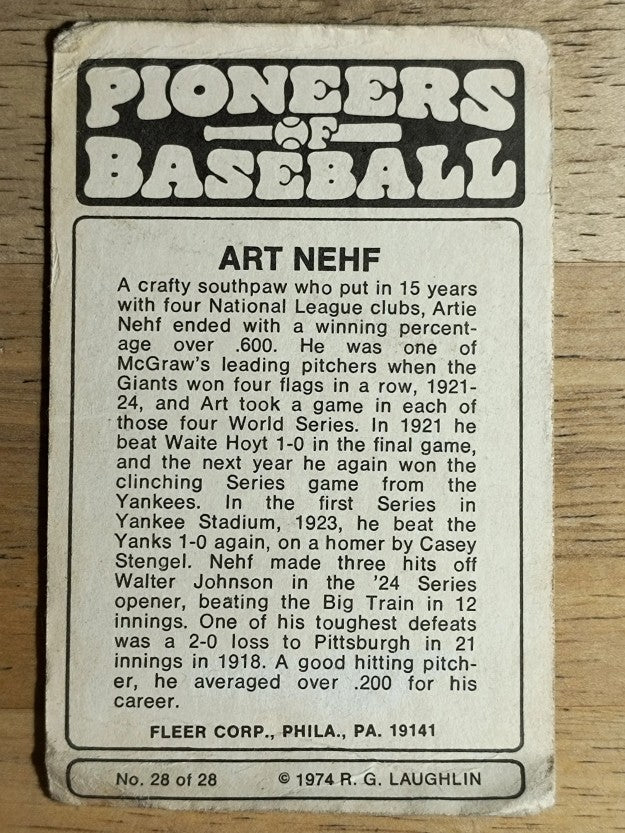 1975 Fleer Pioneers #28 Art Nehf (POOR)