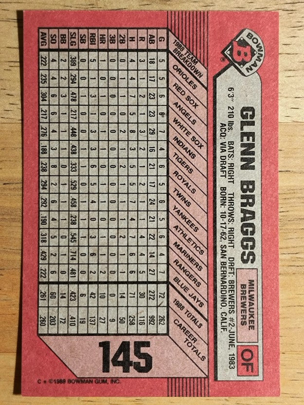 1989 Bowman #145 Glenn Braggs