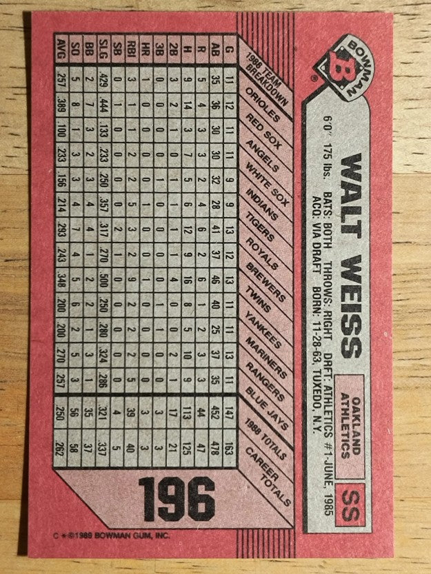 1989 Bowman #196 Walt Weiss