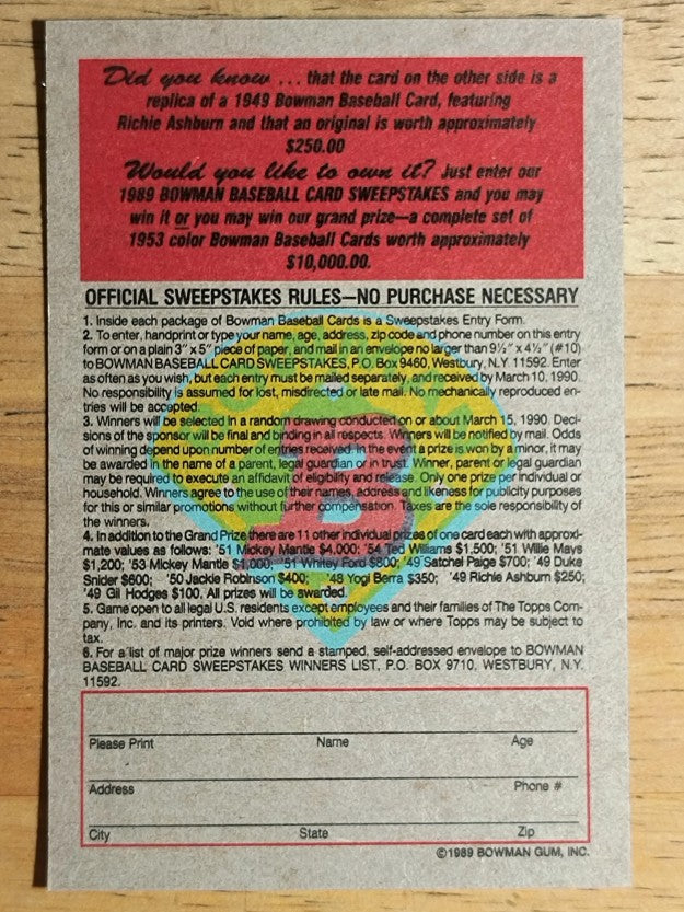 1989 Bowman Reprint Inserts #1 Richie Ashburn 49