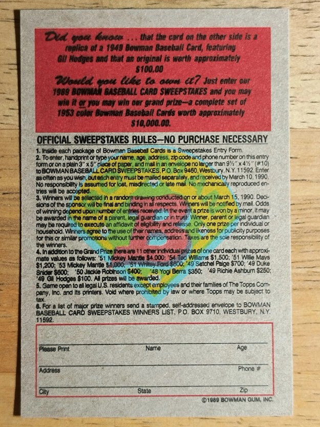 1989 Bowman Reprint Inserts #4 Gil Hodges 49