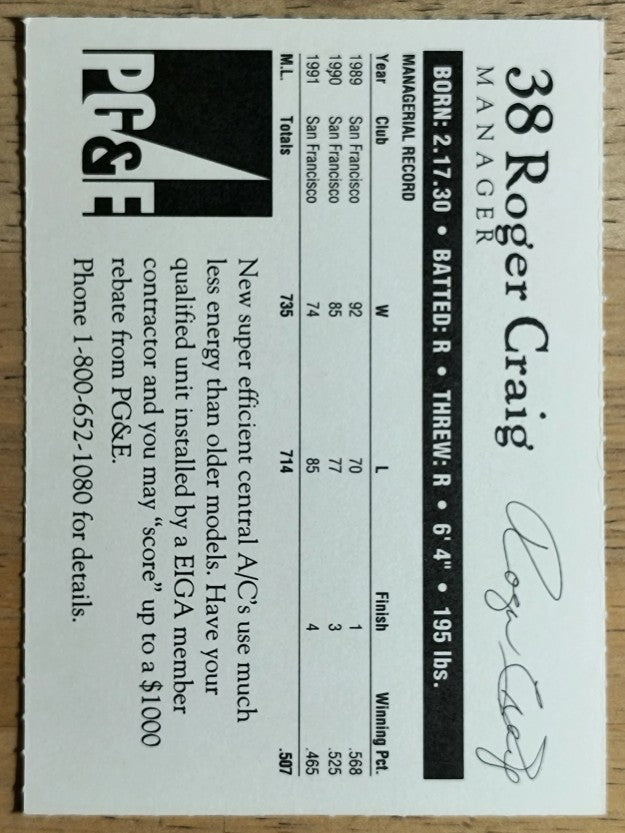 1992 Giants Pacific Gas and Electric #14 Roger Craig MG