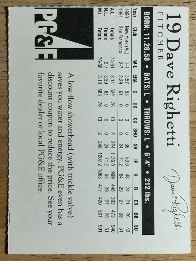 1992 Giants Pacific Gas and Electric #30 Dave Righetti