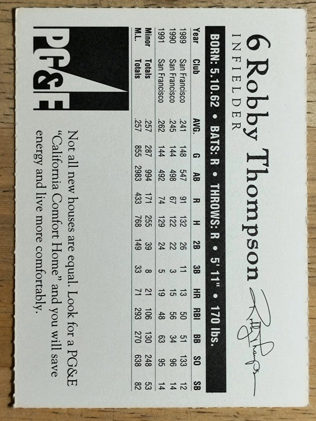 1992 Giants Pacific Gas and Electric #33 Robby Thompson
