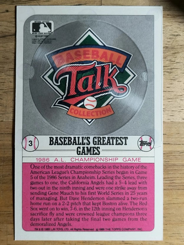 1989 Topps Baseball Talk/LJN #3 1986 A.L. Championship/Game 5 (NM)