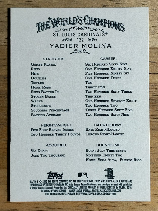2010 Topps Allen and Ginter #122 Yadier Molina
