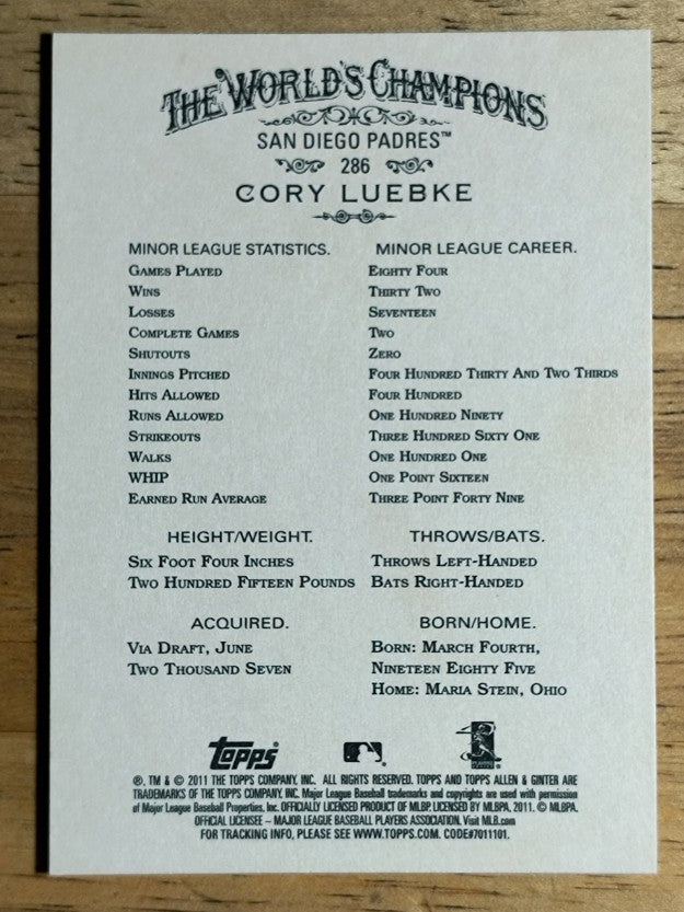 2011 Topps Allen and Ginter #286 Cory Luebke RC