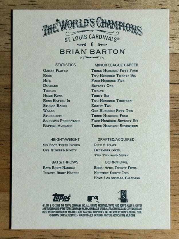 2008 Topps Allen and Ginter #6 Brian Barton RC