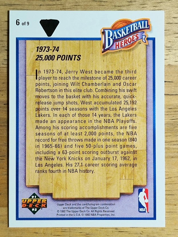 1991-92 Upper Deck Jerry West Heroes #6 Jerry West/1973-74 25,000 Points